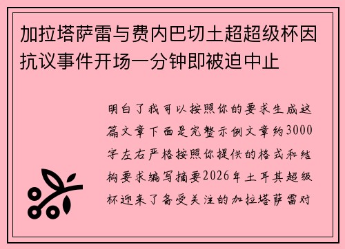 加拉塔萨雷与费内巴切土超超级杯因抗议事件开场一分钟即被迫中止 加拉塔萨雷与费内巴切土超超级杯因抗议事件开场一分钟即被迫中止